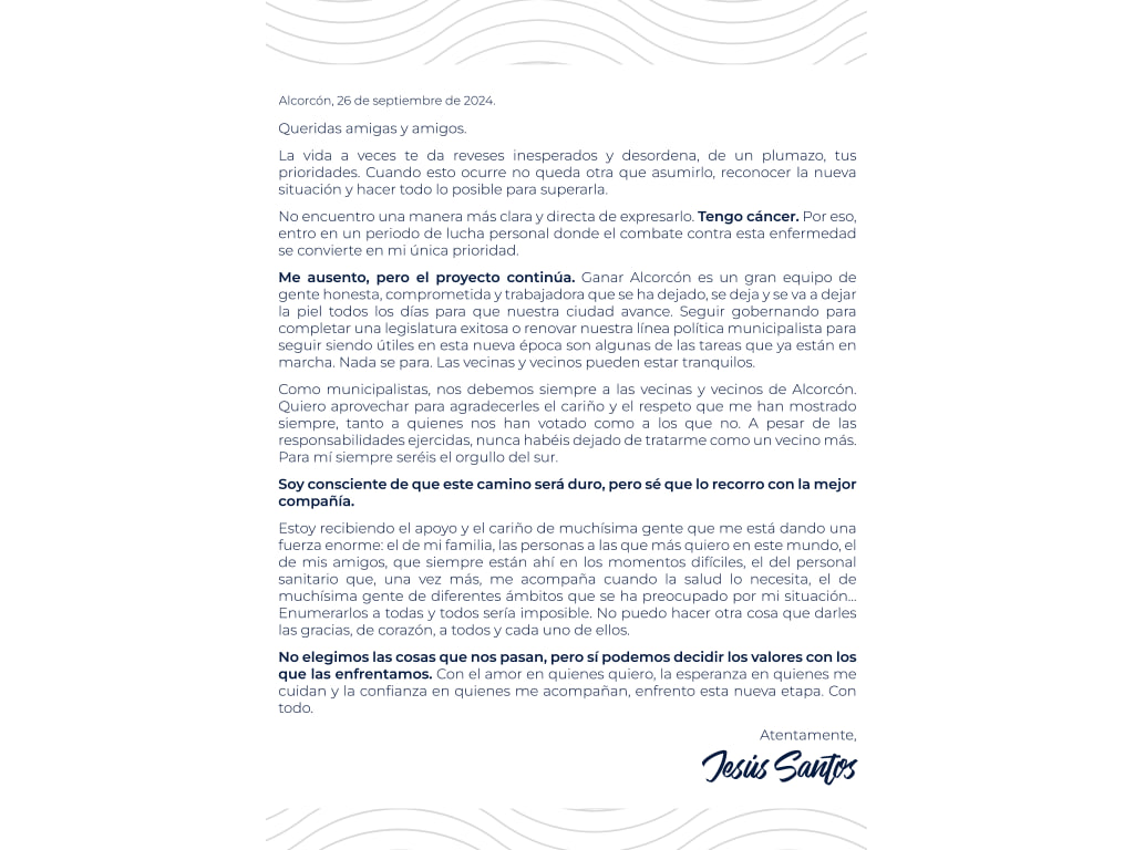 Jesús Santos abandona la política temporalmente para combatir un cáncer